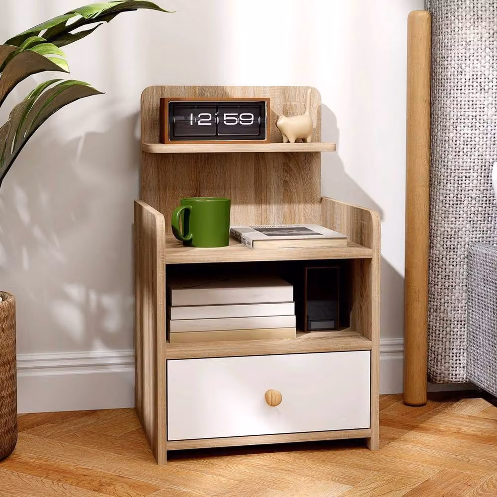 VOGREX Scandinavian Style Bedside Table with Drawer in Beige and White, W/D/H: 40 x 35 x 60 cm – 4