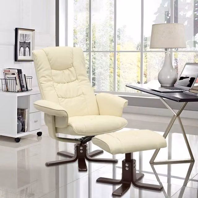 Livingandhome Modern PU Leather Swivel Recliner Chair with Ottoman in Beige