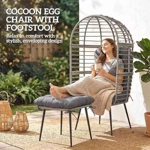 Outsunny Standing Garden Egg Lounge Chair with Footstool and Cushions, Light Grey – 4