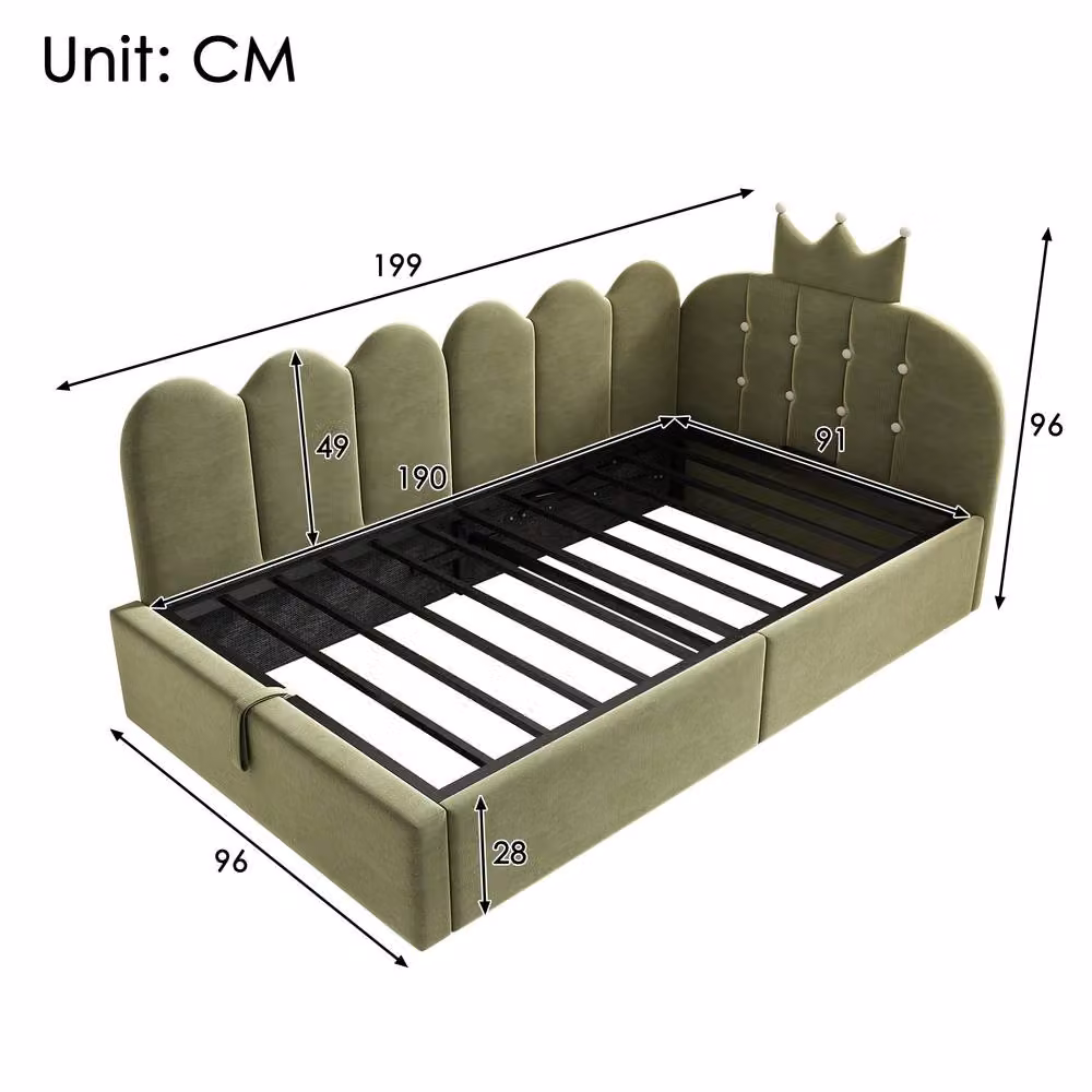 Rolipo Green Velvet Crown Shaped Single Daybed with Hydraulic Storage, W/D/H: 90 x 190 cm – 2