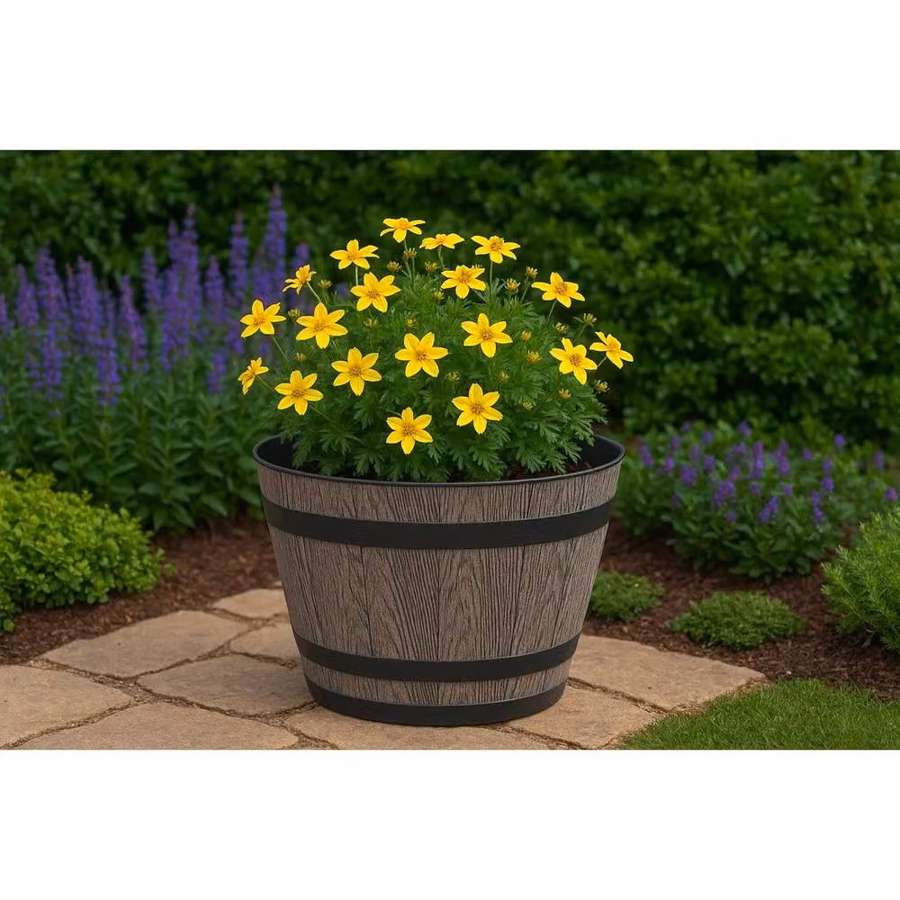 SPETLEK Set of 3 Brown Plastic Barrel Effect Garden Planter Pots, 18L Each – 4