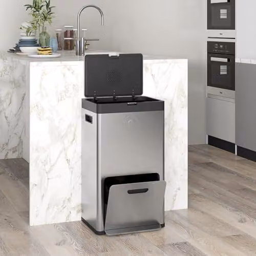 HOMCOM 56L Stainless Steel 3 Compartment Kitchen Pedal Bin with Wheels in Silver – 7