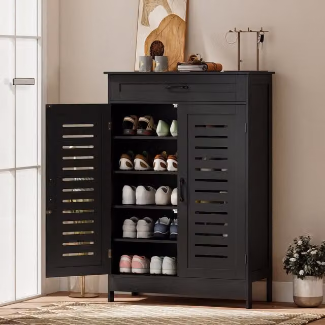 HOMCOM Modern Black Shoe Storage Cabinet with Hinged Doors, Drawer and Internal Shelves