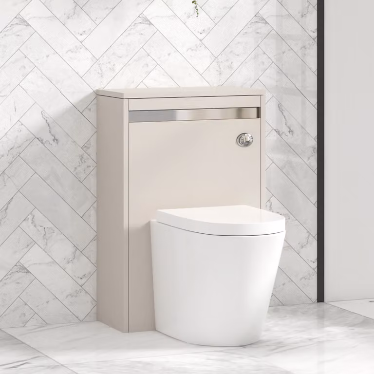 Royal Bathrooms Orion 540mm Warm Taupe Wall Mounted BTW WC Unit with Cesar Rimless Ceramic Toilet Pan, Seat and Cistern with Chrome Accent Trim