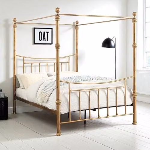 OAT Home Westminster 4 Poster Canopy Metal Bed Frame in Antique Brass Effect, King Size, W/D/H: 180 x 200 x 164 cm