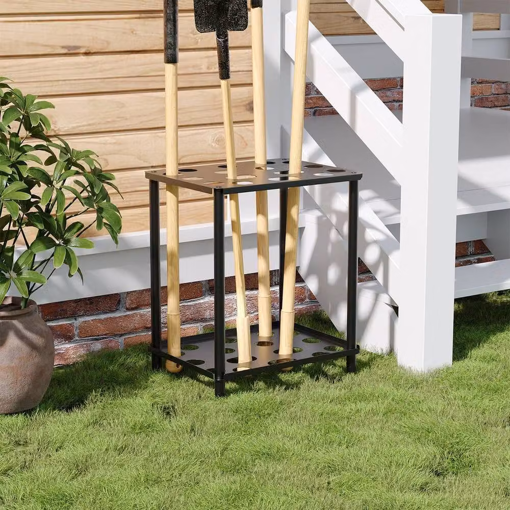 KORVIXA Freestanding Metal Outdoor Garden Tool Storage Rack in Matt Black – 5