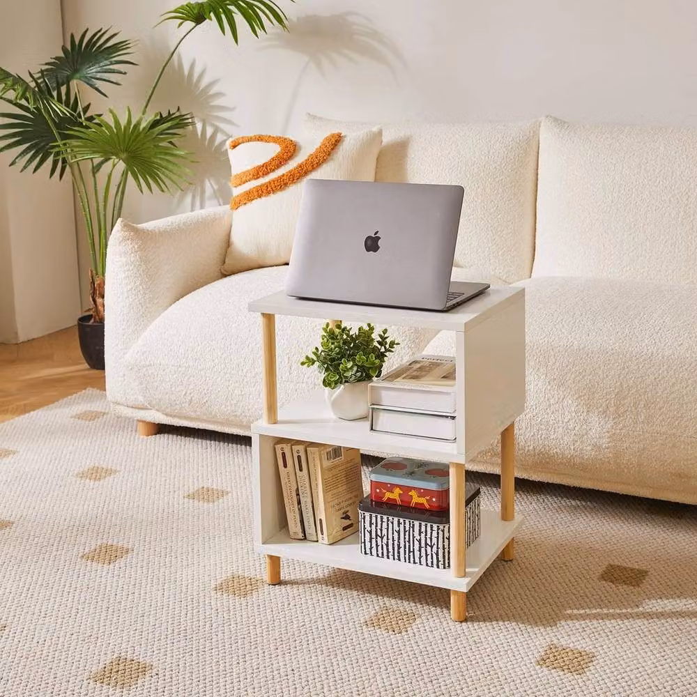 FORGEVIO White Modern Side Table with Wood Legs and Nested Tops, W/D/H: 50.5 x 40.0 x 40.0 cm – 3
