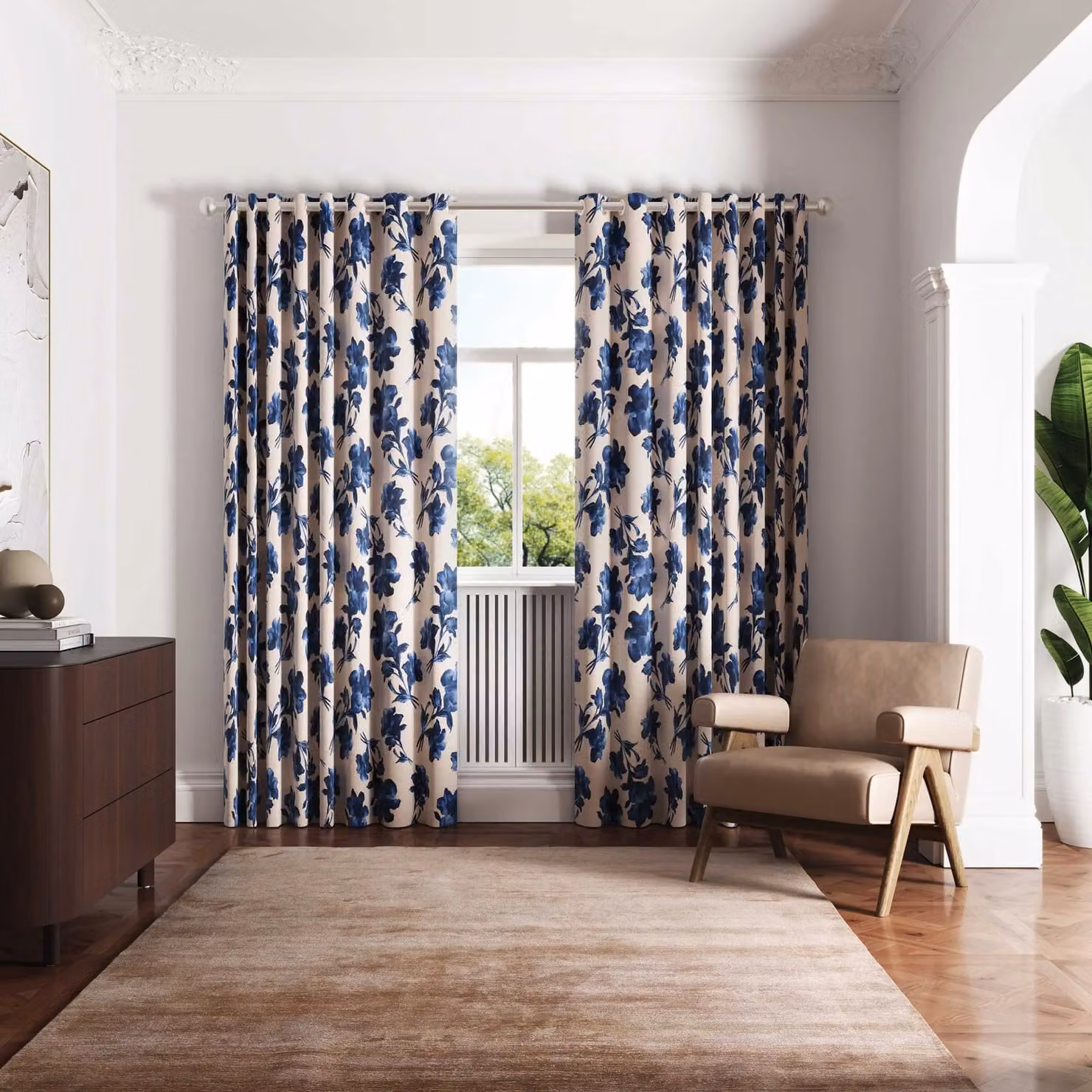 Ted Baker Midnight Floral Blue and Silver Eyelet Curtains, Width: 167.64 cm, Drop: 137.16 cm – 2