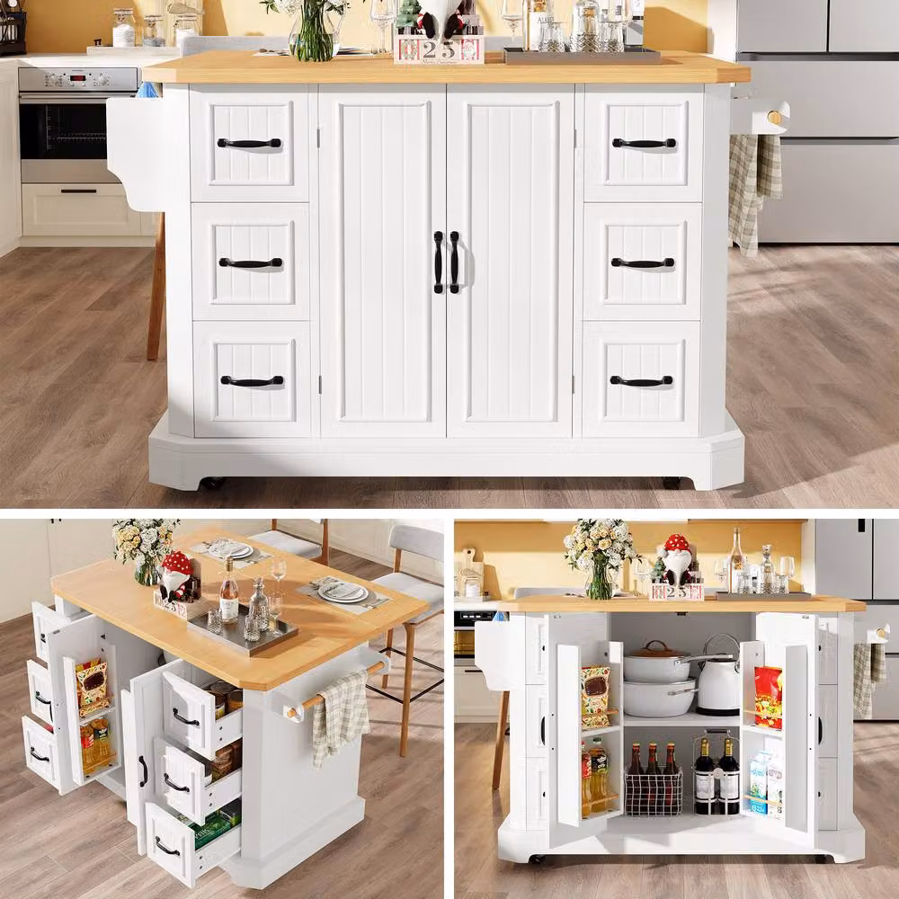 BTM Mobile Kitchen Island Cart with 2 Doors and 6 Drawers, White and Black, W: 120.0 cm, D: 45.0 cm, H: 91.0 cm – 2