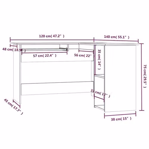 vidaXL Modern Corner Desk in Brown Oak, W/D/H: 120 x 140 x 75 cm – 3