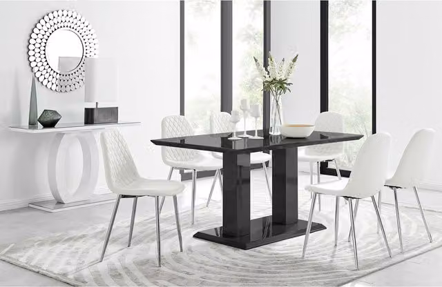 FurnitureboxUK Imperia Black Glossy Glass Dining Table and 6 Corona Silver Leg Chairs in White
