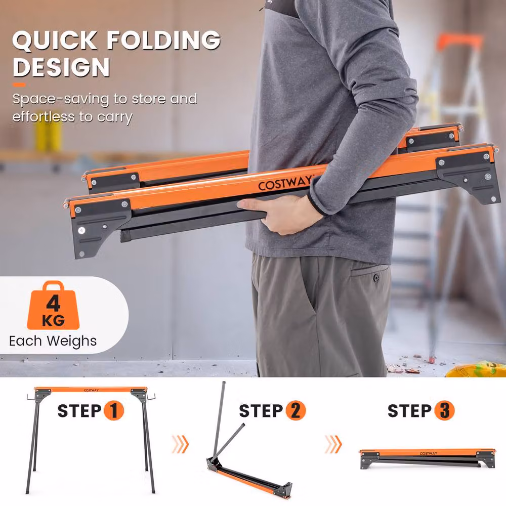 Costway 2 Pack Folding Metal Saw Horses in Orange – 4