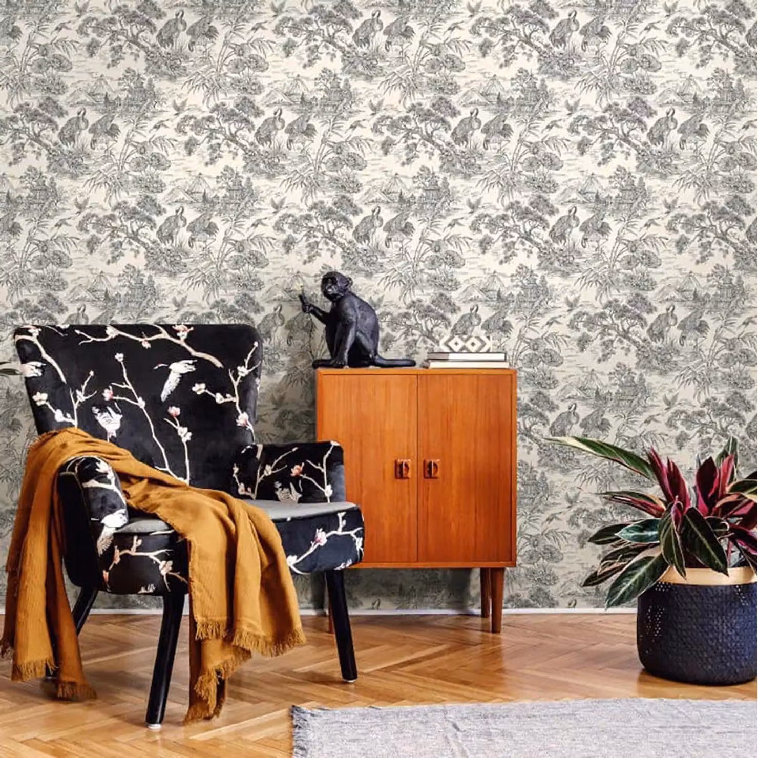 Holden Decor Crane Lagoon Birds Floral Botanical Wallpaper in Beige, Anthracite and Black – 2