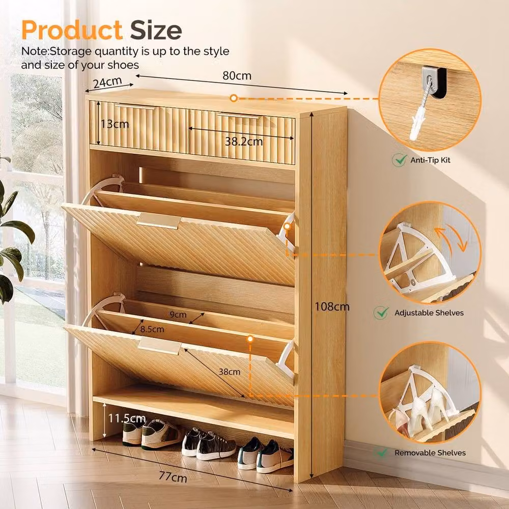 KORVIXA Oak Freestanding Shoe Storage Cabinet in Brown with Hinged Doors and Internal Shelves, W/H: 100 x 108 cm – 1