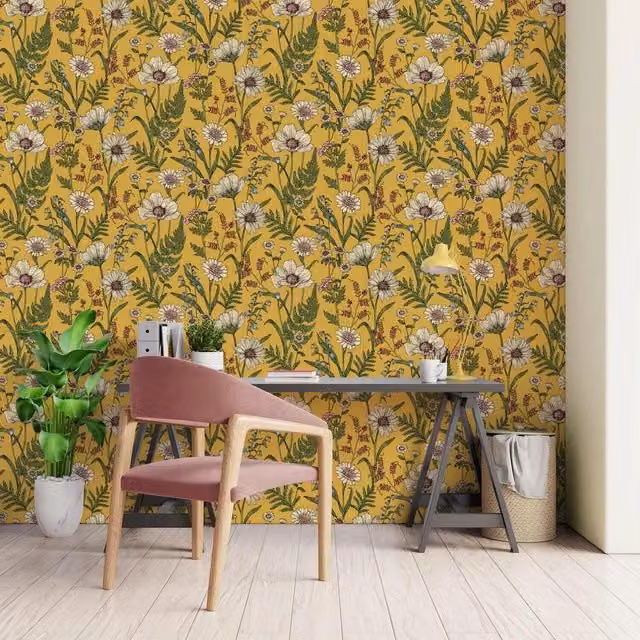 Fine Dcor Botanical Floral Wallpaper in Yellow, Green and Blue Matt Finish