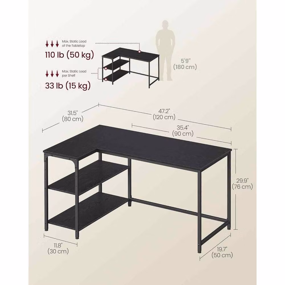 The Bazaarist Corner Gaming Desk with Adjustable Storage Shelves in Jet Black – 3