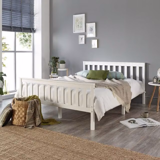 Aspire Atlantic Solid Wood Bed Frame in White, W/D/H: 180 x 156.5 x 207 cm