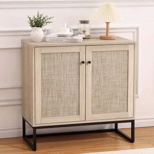 VOGREX Beige Rattan and Oak Sideboard Buffet Storage Cabinet for Kitchen or Hallway – 1