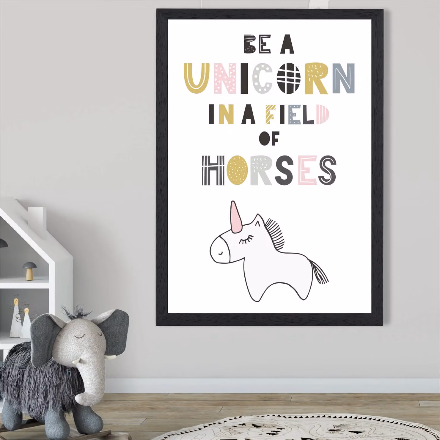 ARTZE Be a Unicorn Scandi Animal Framed Print, Pink and Black, A4 – 2