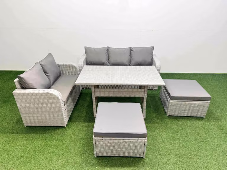 Fimous 7 Seater Grey PE Rattan Wicker Garden Furniture Set with Rectangular Dining Table, 3 Seater Sofa, Love Seat and 2 Large Footstools