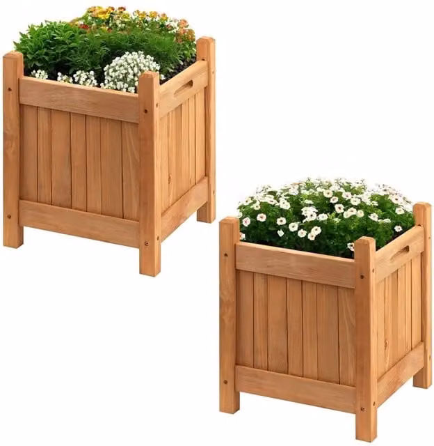 Kelvenix Set of 2 Square Wooden Garden Planters in Brown – 1