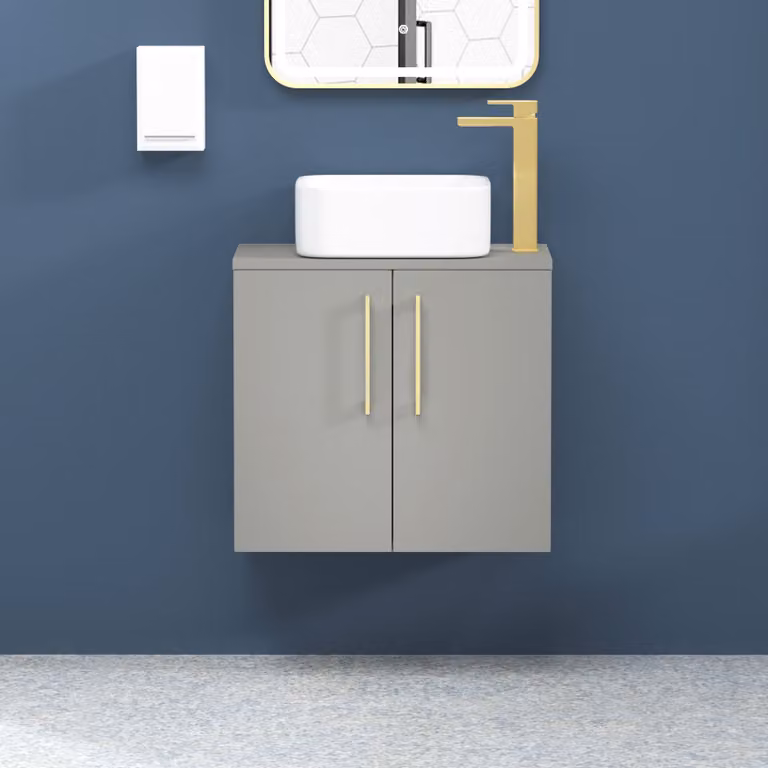 Royal Bathrooms Modena 800mm Wall Hung 2 Door Vanity Unit in Satin Grey with Brushed Brass Handle