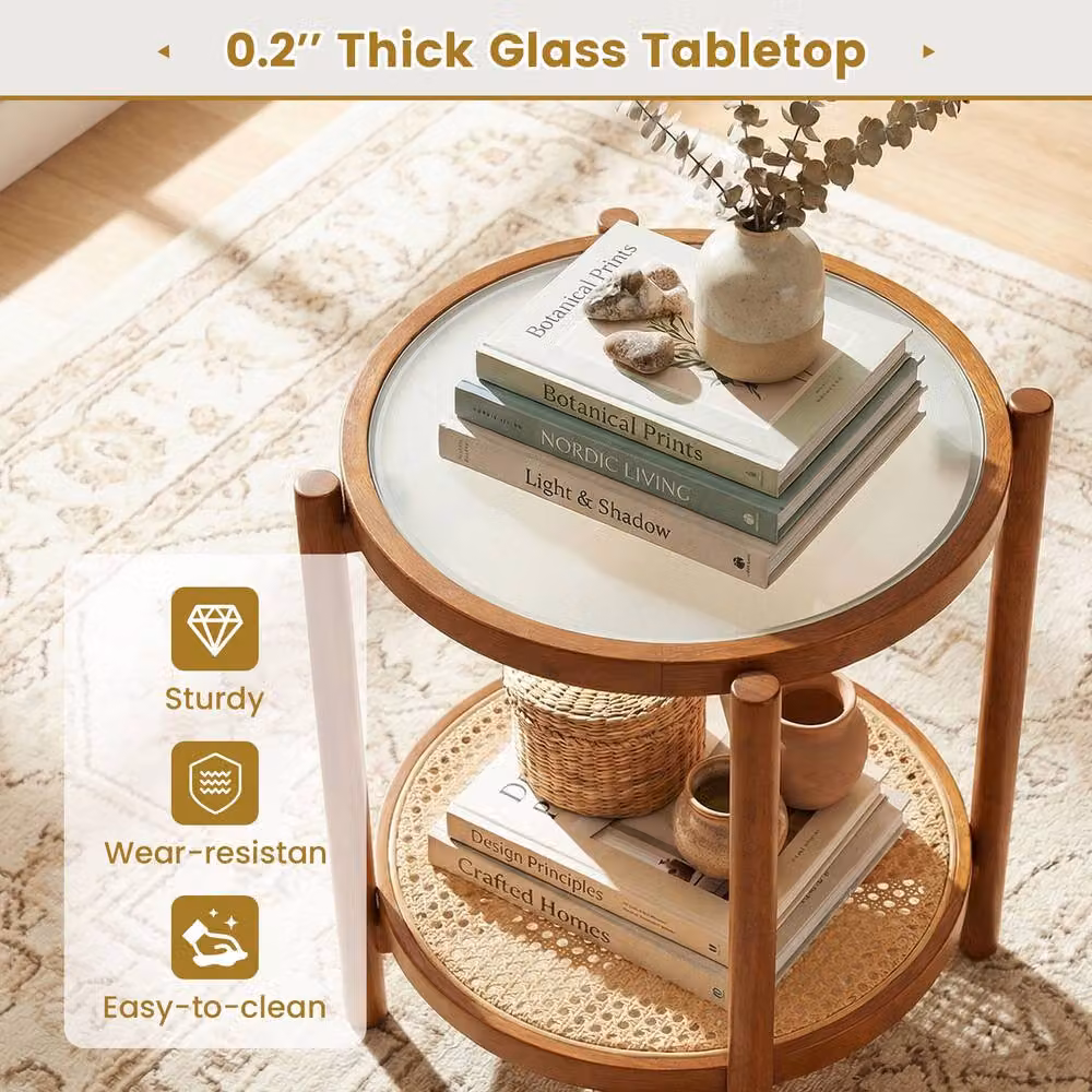 Gymax 2-Tier Round Boho Side Table in Brown Acacia Wood and Glass – 6