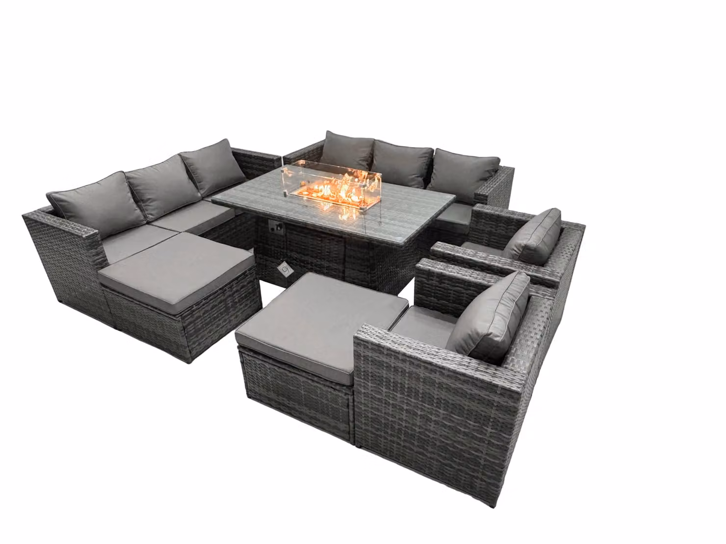 Fimous 10 Seater Rattan Garden Furniture Firepit Dining Set with Lounge Sofa, Table and 2 Footstools in Dark Grey – 2