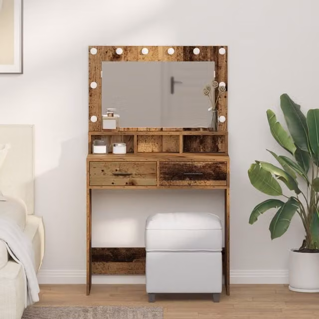 Berkfield Home Rustic Wood Dressing Table with LED Lights, Brown, W: 79 cm, D: 41 cm, H: 135 cm