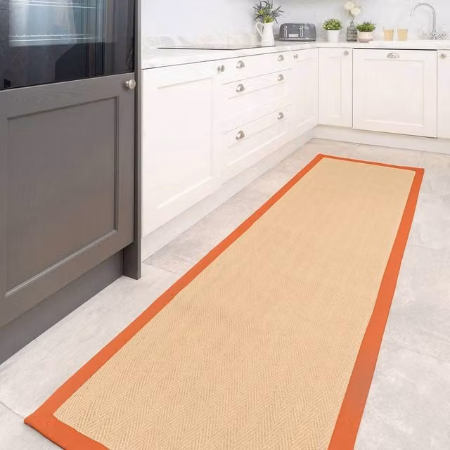 Kukoon Beige Natural Jute and Cotton Herringbone Pattern Non Slip Rustic Rug W: 70 cm, L: 240 cm