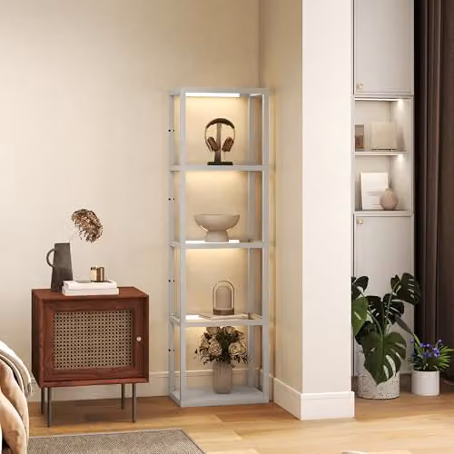 HOMCOM Dimmable LED Floor Lamp with Glass Shelves, Grey – 4
