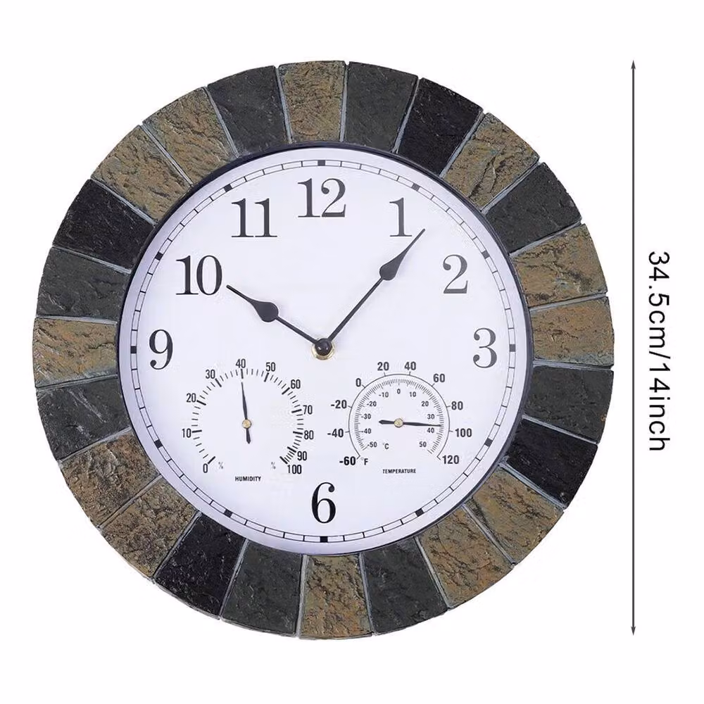 PAWNORA Black Round Analog Garden Wall Clock with Thermometer, Diameter: 35 cm – 2