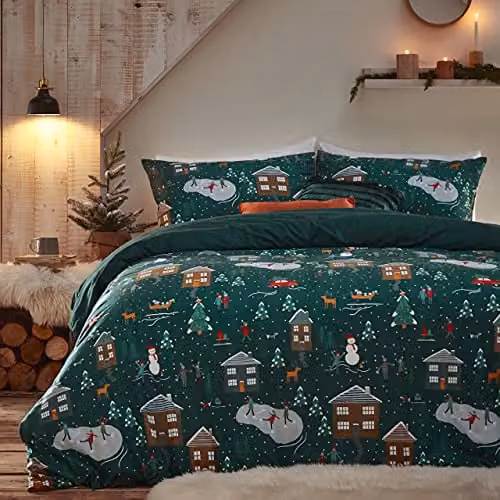 Furn Winter Pines Fleece Duvet Cover and Pillowcase Set, Green, W/D/H: 90 x 200 cm and 50 x 75 cm