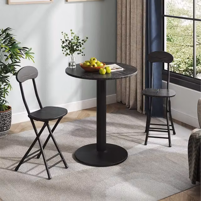 Komore Modern Black MDF and Metal Coffee Table with 2 Folding Chairs Set