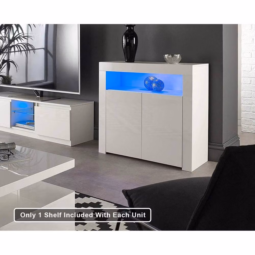 FLAVORA Modern Glossy White Small Sideboard Cabinet Display Case with Integrated Lighting – 2