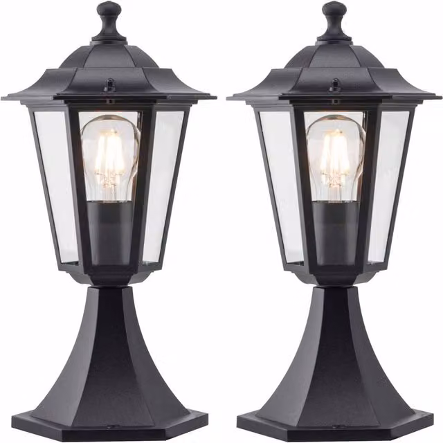 First Choice Lighting Set of 2 Black IP44 Lantern Design Outdoor Pedestal Garden Lights