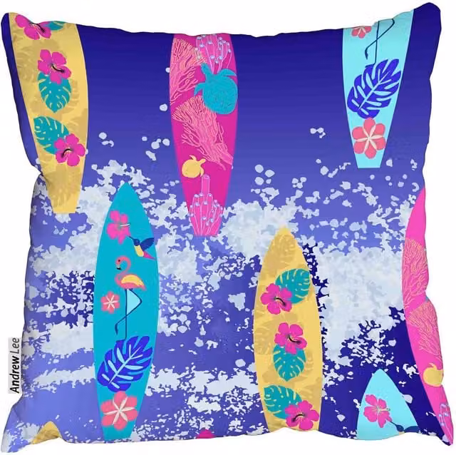 Benjamin Tate Design LTD Blue Surfboard Seamless Pattern Square Cushion, W/D/H: 60 x 60 x 1 cm