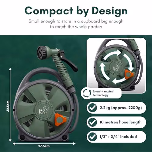 Pelle & Sol Green Wall Mounted Garden Hose Reel with 10m Kink Resistant Hose and 7 Mode Spray Gun – 4