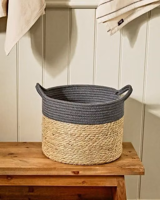 Dibor Traditional Seagrass Indoor Storage Basket with Handles, Grey and Sand Stripe, H: 24 cm, D: 39 cm