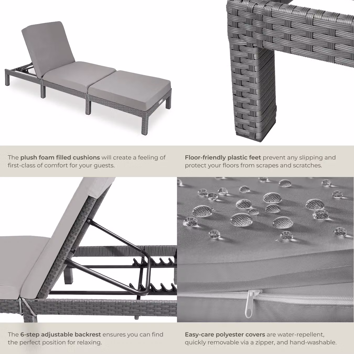 tectake Sofia Rattan Sun Lounger in Grey with Weatherproof Cushion and Adjustable Headrest – 4
