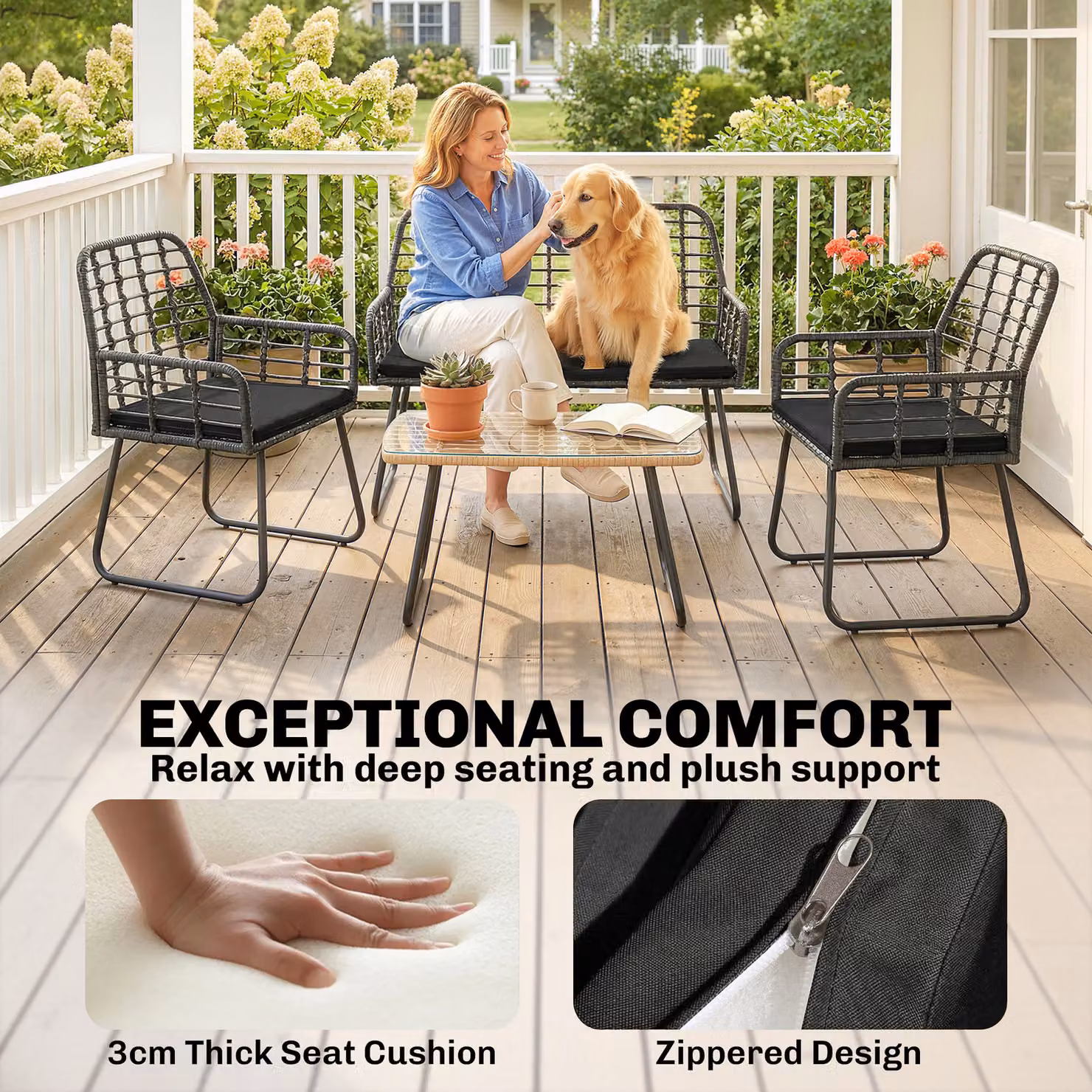 Outsunny 4 Piece Rattan Garden Furniture Set with Loveseat, Armchairs and Glass Coffee Table – 5