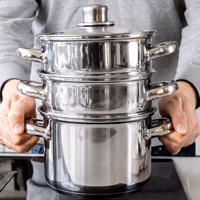 KitchenCraft Stainless Steel Three Tier Steamer Pot with Glass Lid, Silver