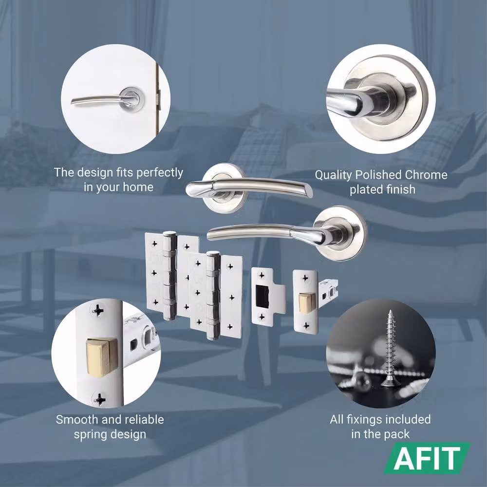 AFIT Chrome Door Handle Pack of 3, Satin Nickel Lever with Latch and Hinges in Silver, W/D/H: 15.0 x 6.5 x 15.0 cm – 2