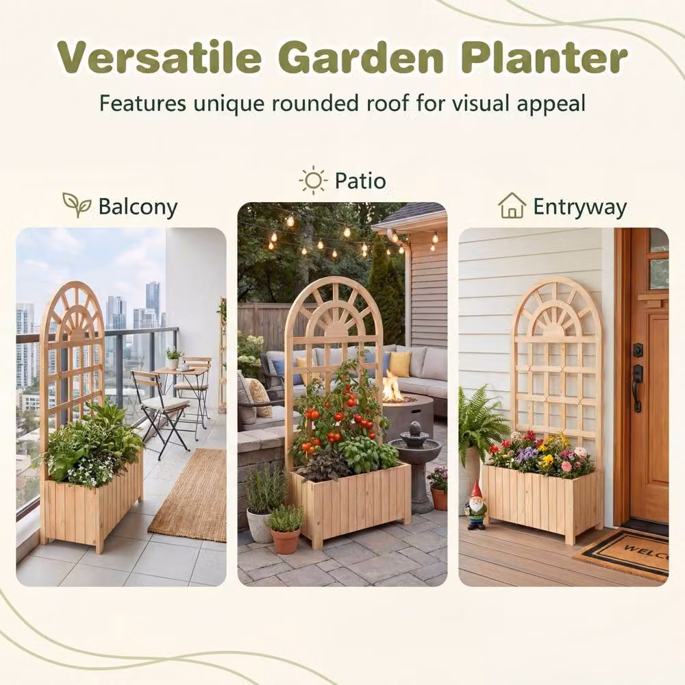 Costway Wooden Raised Garden Bed with Trellis in Natural Brown – 4
