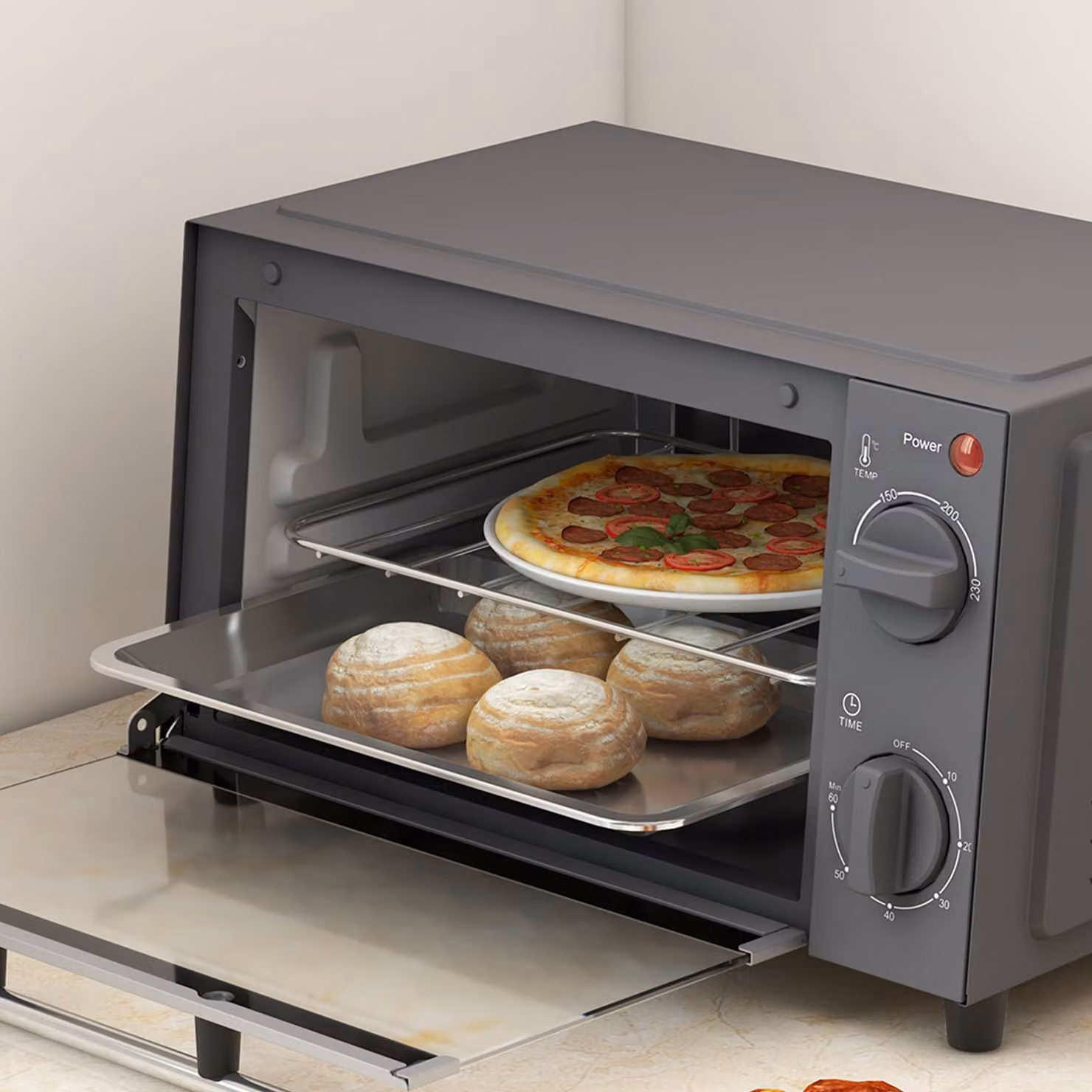 HOMCOM 9L Mini Countertop Electric Grill and Toaster Oven with Adjustable Temperature, Timer and Baking Tray, Grey – 8