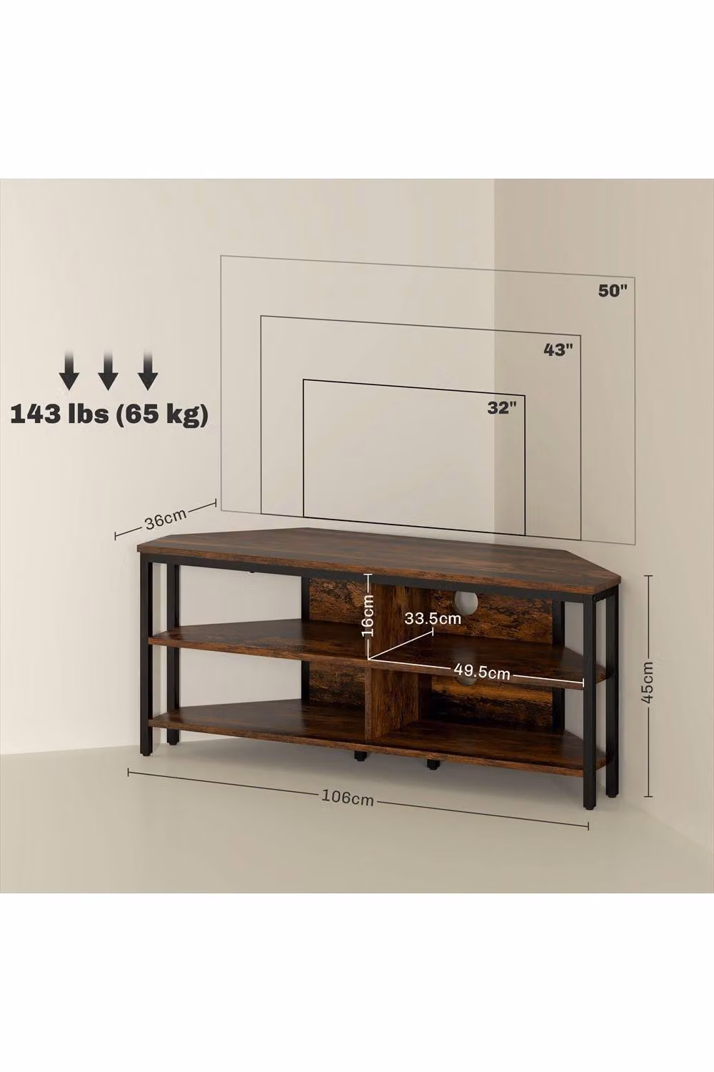 ERGOVEXA Industrial-Style Corner TV Unit in Brown and Black with Wood and Metal Finish, W/D/H: 106.0 x 36.0 x 45.0 cm – 2