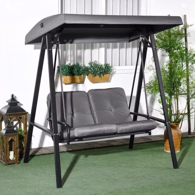 OUTSUNNY 2 Seater Garden Outdoor Swing Chair Hammock with Adjustable UV-Resistant Canopy in Dark Grey – 1