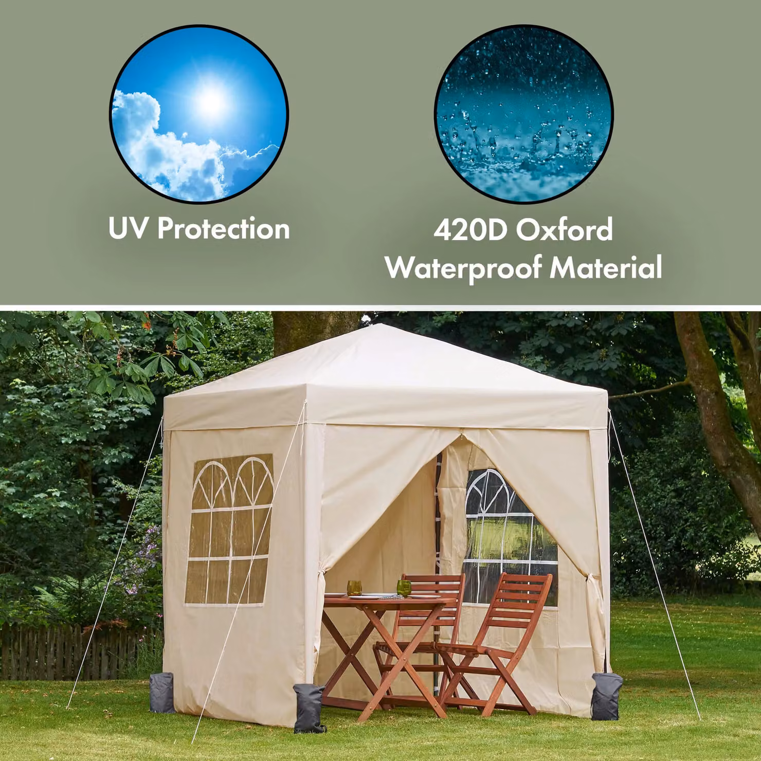VonHaus Beige Heavy Duty Pop Up Gazebo with Sides and Windows, W/D/H: 200 x 200 x 231 cm – 2