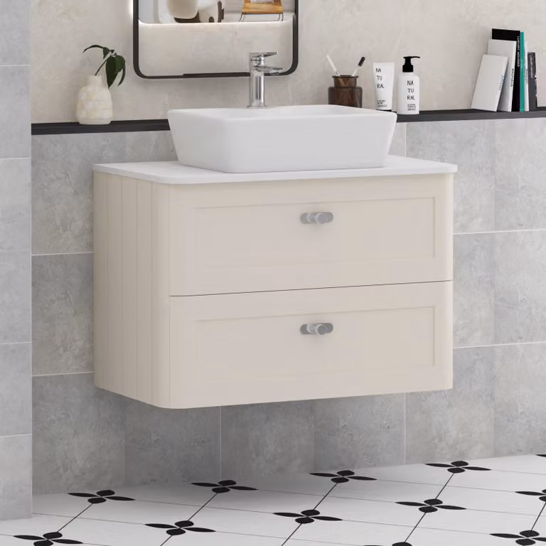 Royal Bathrooms Henley 800mm Wall Hung 2 Drawer Vanity Unit in Mushroom Cashmere with Plain White Worktop and Chrome Knobs