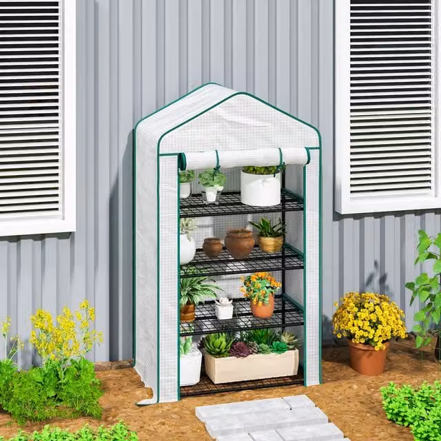 Outsunny White Mini Freestanding Greenhouse with Shelving, W/D/H: 90 x 49 x 160 cm